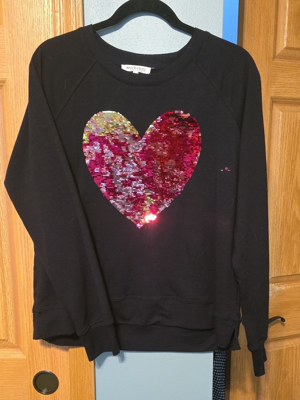 Workshop Republic Clothing Black Crewneck Sweater with Reversible Sequin Heart